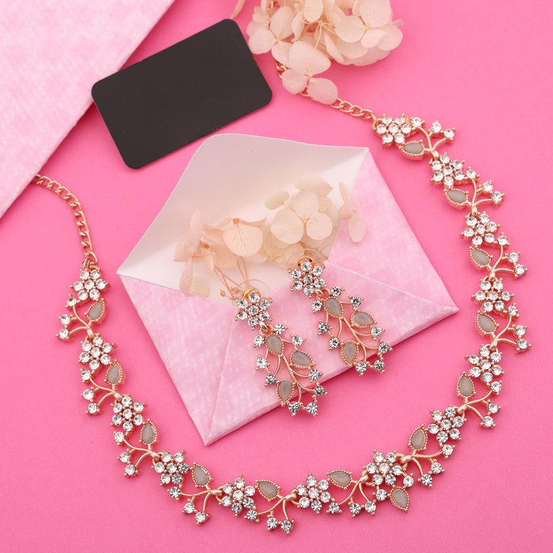 Tehzeeb Creations Rose Gold Pleated White Diamond With Gray Beads Necklace Set | Grocsy