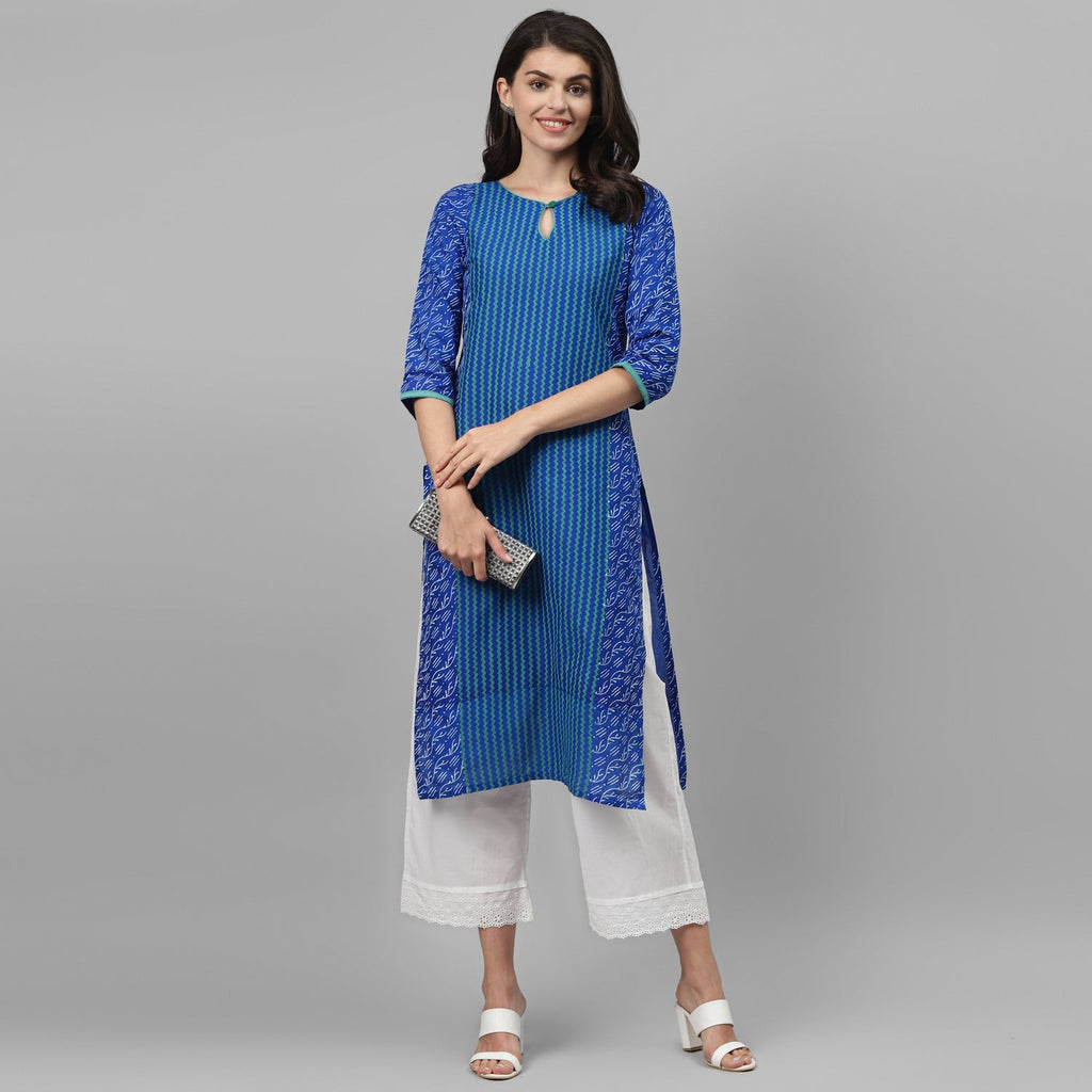Maai Rayon Hand Printed Kurta Blue | Grocsy