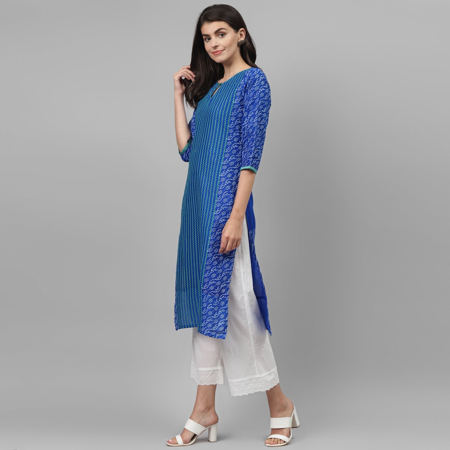 Maai Rayon Hand Printed Kurta Blue | Grocsy