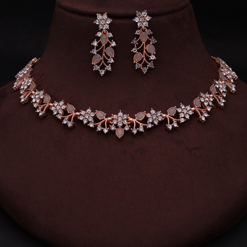 Tehzeeb Creations Rose Gold Pleated White Diamond With Gray Beads Necklace Set | Grocsy