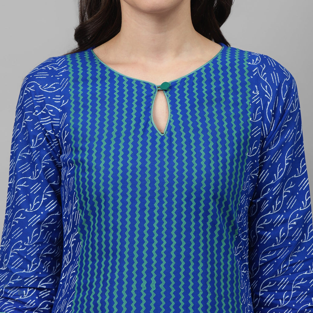 Maai Rayon Hand Printed Kurta Blue | Grocsy