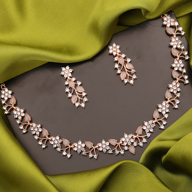 Tehzeeb Creations Rose Gold Pleated White Diamond With Gray Beads Necklace Set | Grocsy