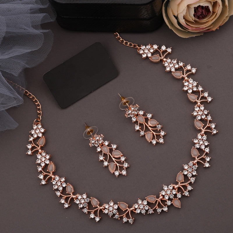 Tehzeeb Creations Rose Gold Pleated White Diamond With Gray Beads Necklace Set | Grocsy