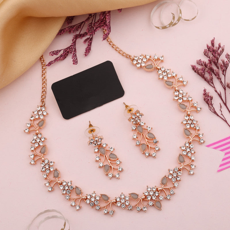 Tehzeeb Creations Rose Gold Pleated White Diamond With Gray Beads Necklace Set | Grocsy