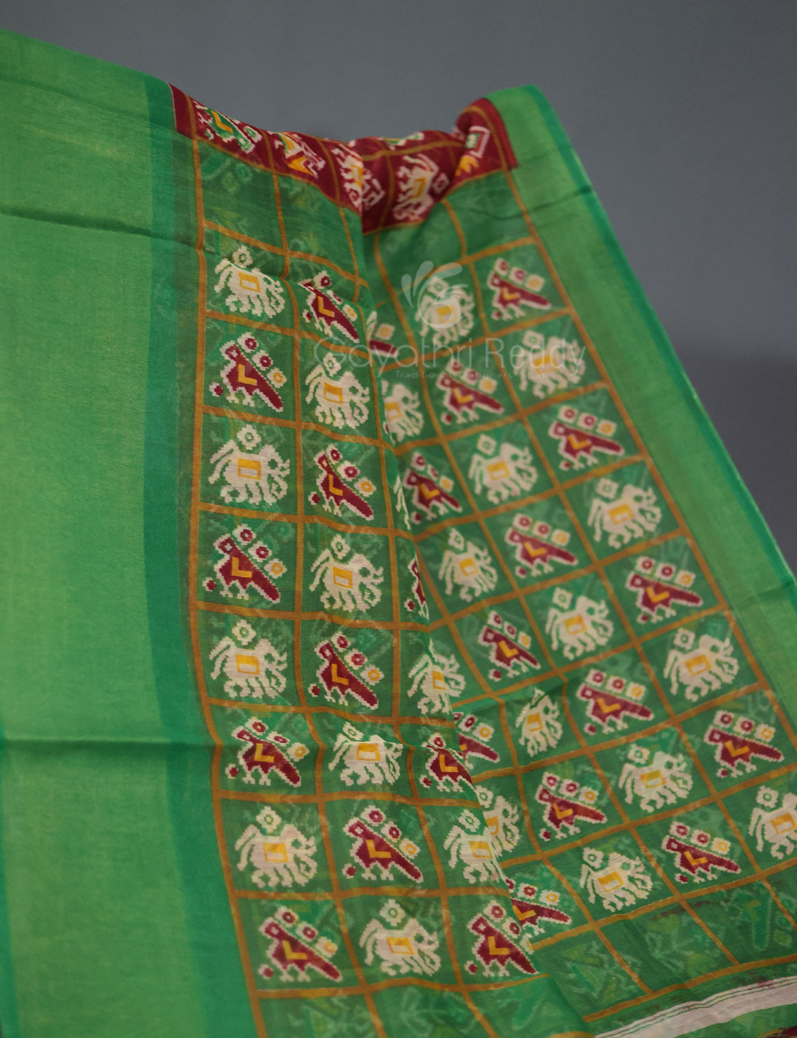 Shades of Maroon And Parrot Green Blouse Patola Print Semi Chanderi Saree By Gayathri Reddy Designer Studio | Grocsy