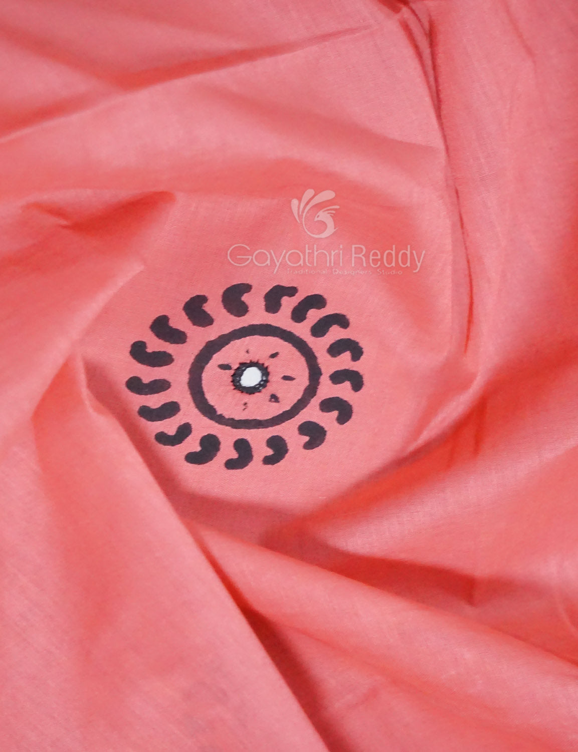 Peach Colour Block Print With Mirron Embroidered Pure Mulmul Cotton Saree By Gayathri Reddy Designer Studio | Grocsy