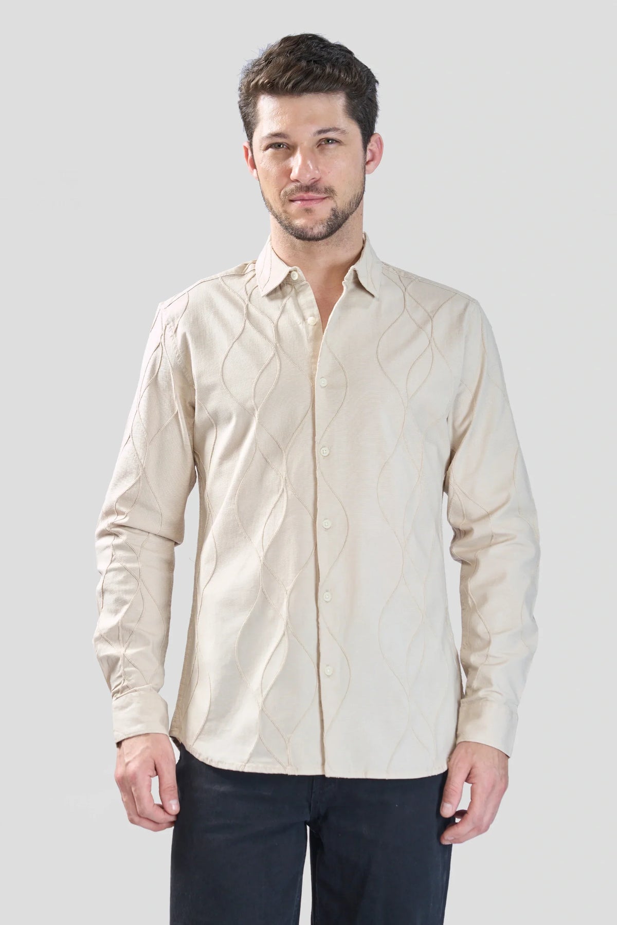 Xkind Beige Embroidery Full Sleeve Slim Fit Shirt | Grocsy