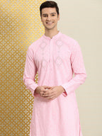 House of Pataudi Men Pink & White Bandhani Printed Pure Cotton Jashn Kurta | Grocsy