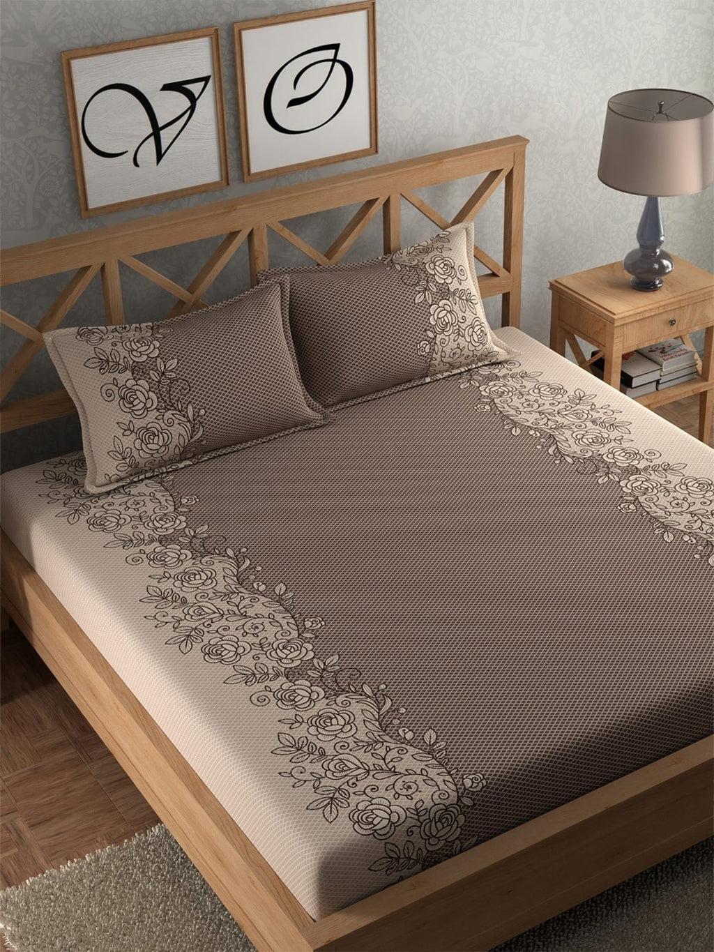 CHHAVI INDIA Brown Ethnic Motifs Cotton 210 TC King Bedsheet with 2 Pillow Covers | Grocsy