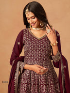Anaita Maroon Faux Georgette Plazzo Suit With Heavy Embroidery Work | Grocsy