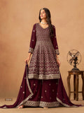 Anaita Maroon Faux Georgette Plazzo Suit With Heavy Embroidery Work | Grocsy