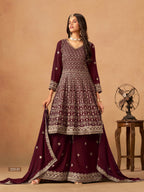 Anaita Maroon Faux Georgette Plazzo Suit With Heavy Embroidery Work | Grocsy