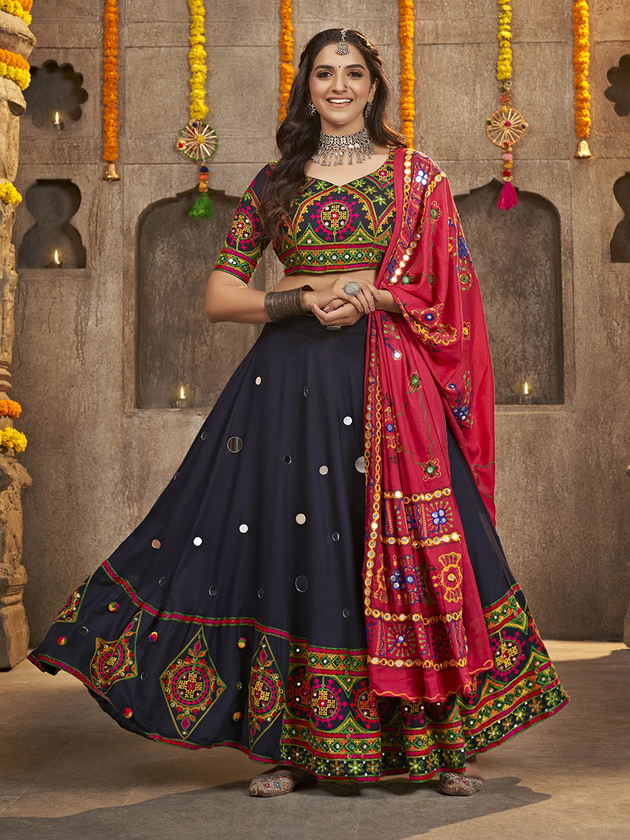Myra Navy Blue Viscose Rayon and Cotton Embroidered with Print Designer Lehenga | Grocsy