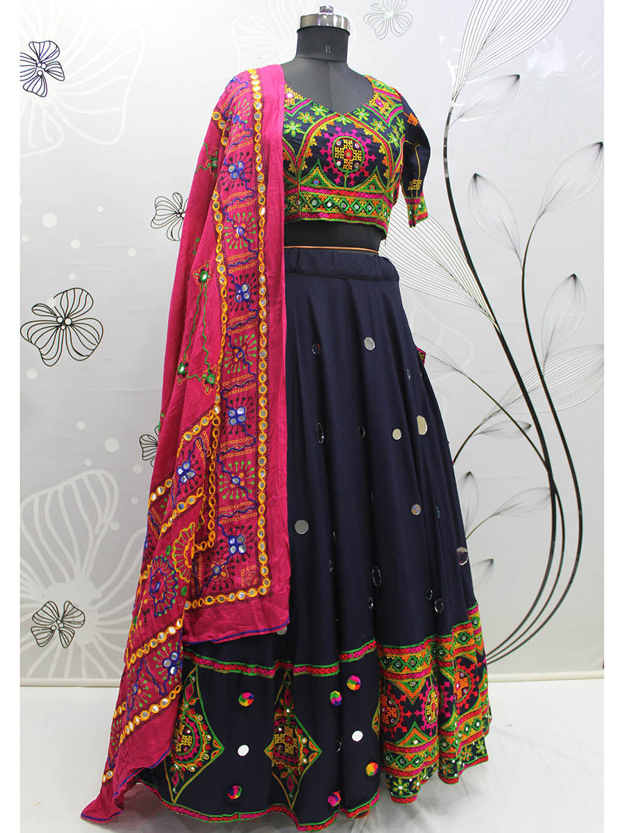 Myra Navy Blue Viscose Rayon and Cotton Embroidered with Print Designer Lehenga | Grocsy