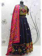 Myra Navy Blue Viscose Rayon and Cotton Embroidered with Print Designer Lehenga | Grocsy