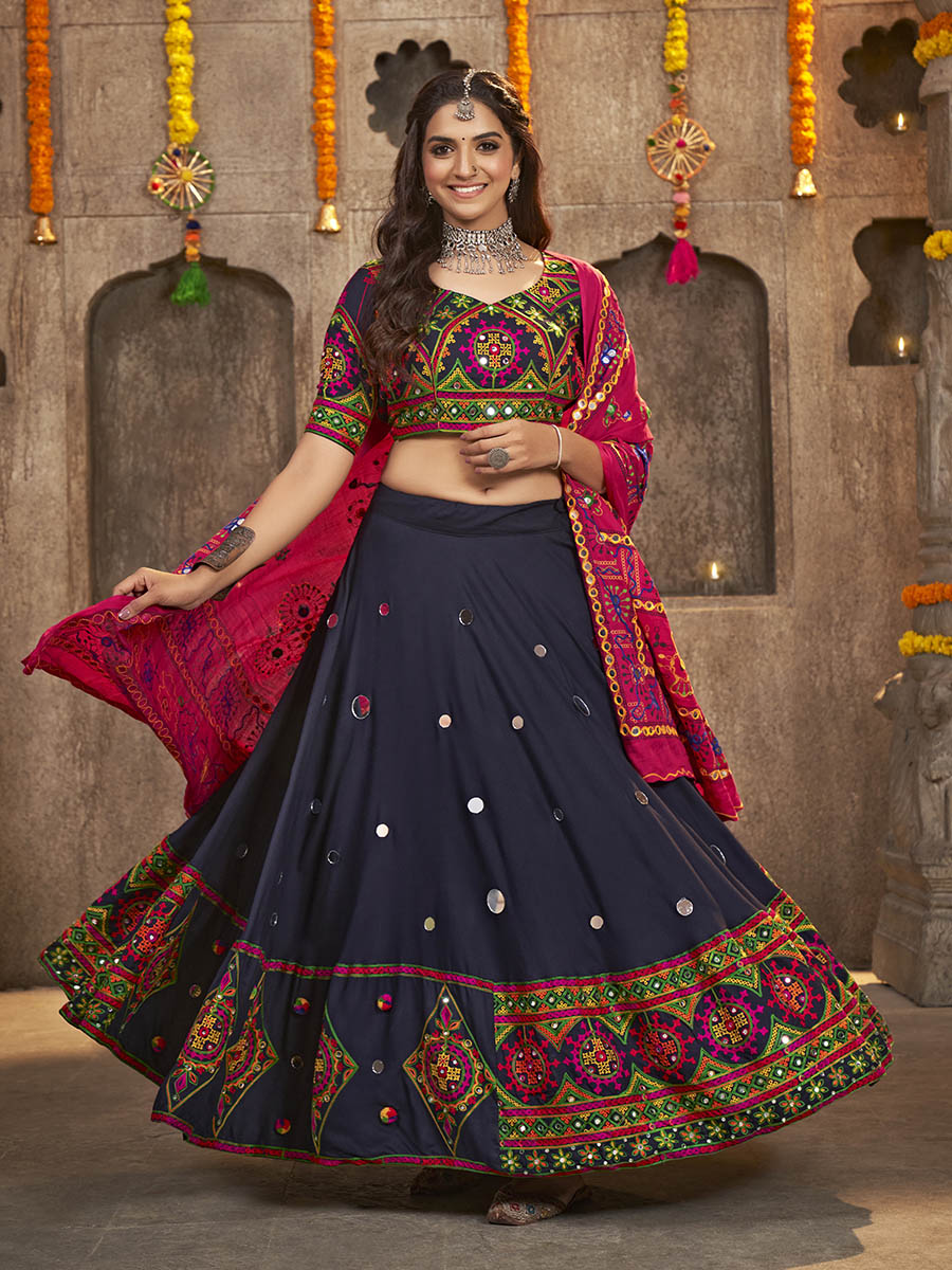 Myra Navy Blue Viscose Rayon and Cotton Embroidered with Print Designer Lehenga | Grocsy