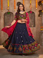 Myra Navy Blue Viscose Rayon and Cotton Embroidered with Print Designer Lehenga | Grocsy