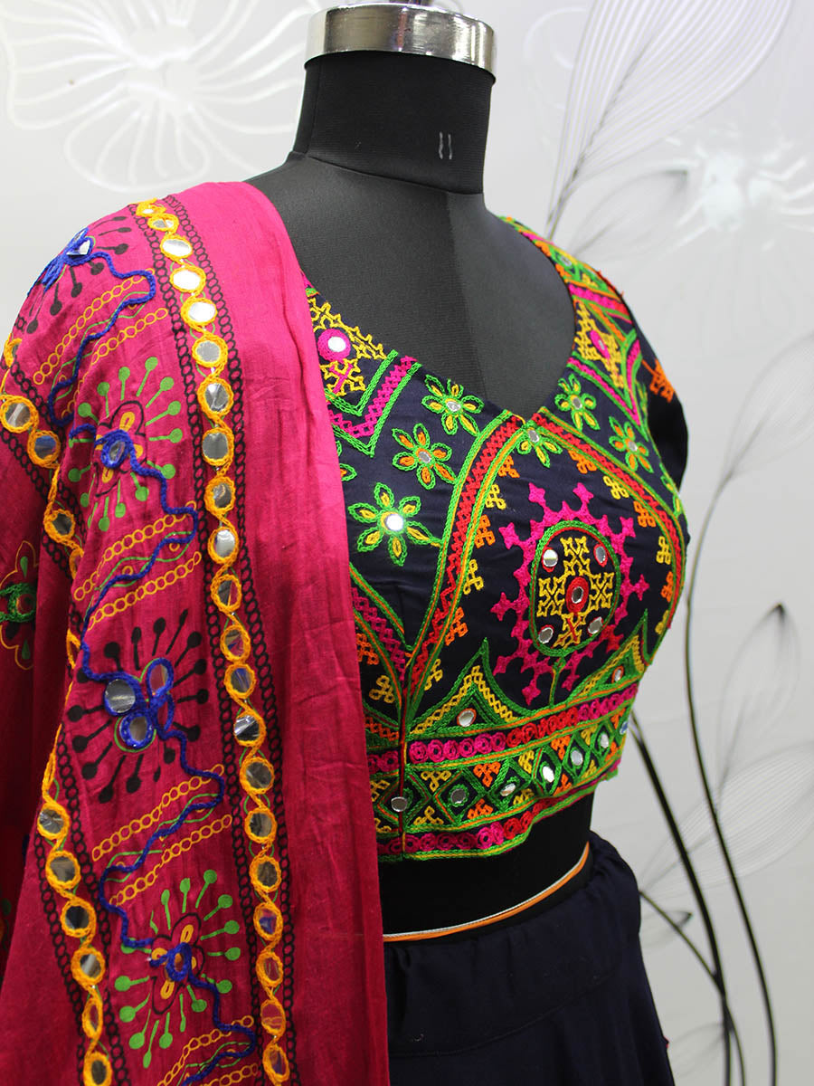 Myra Navy Blue Viscose Rayon and Cotton Embroidered with Print Designer Lehenga | Grocsy