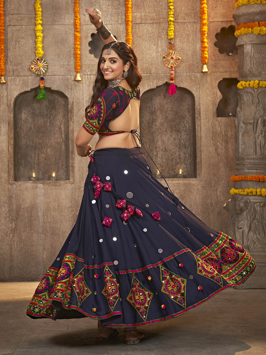 Myra Navy Blue Viscose Rayon and Cotton Embroidered with Print Designer Lehenga | Grocsy