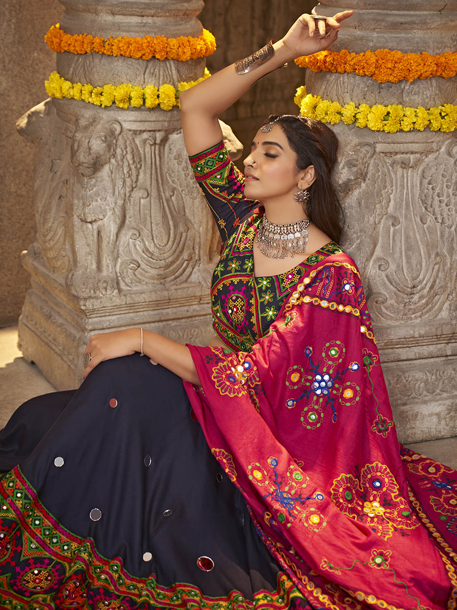 Myra Navy Blue Viscose Rayon and Cotton Embroidered with Print Designer Lehenga | Grocsy
