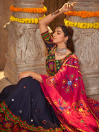 Myra Navy Blue Viscose Rayon and Cotton Embroidered with Print Designer Lehenga | Grocsy