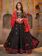 Myra Black Viscose Rayon and Cotton Embroidered with Print Designer Lehenga | Grocsy