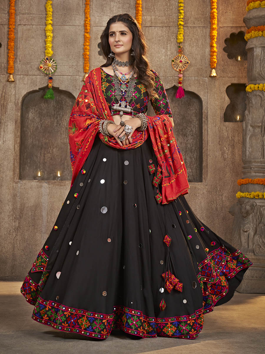 Myra Black Viscose Rayon and Cotton Embroidered with Print Designer Lehenga | Grocsy