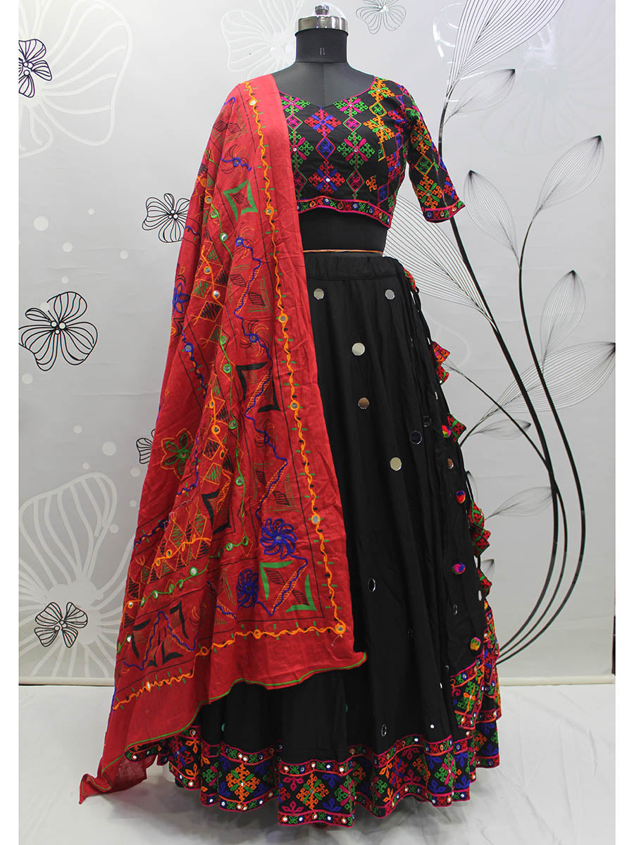 Myra Black Viscose Rayon and Cotton Embroidered with Print Designer Lehenga | Grocsy