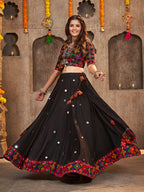 Myra Black Viscose Rayon and Cotton Embroidered with Print Designer Lehenga | Grocsy