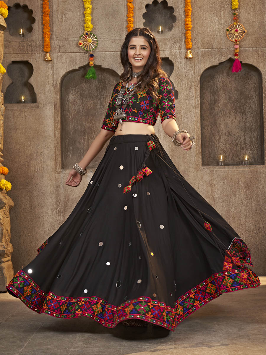 Myra Black Viscose Rayon and Cotton Embroidered with Print Designer Lehenga | Grocsy