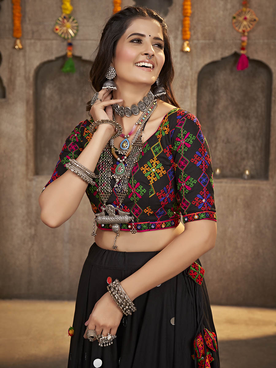 Myra Black Viscose Rayon and Cotton Embroidered with Print Designer Lehenga | Grocsy