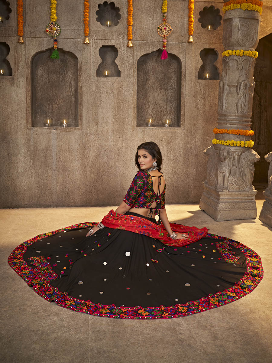 Myra Black Viscose Rayon and Cotton Embroidered with Print Designer Lehenga | Grocsy