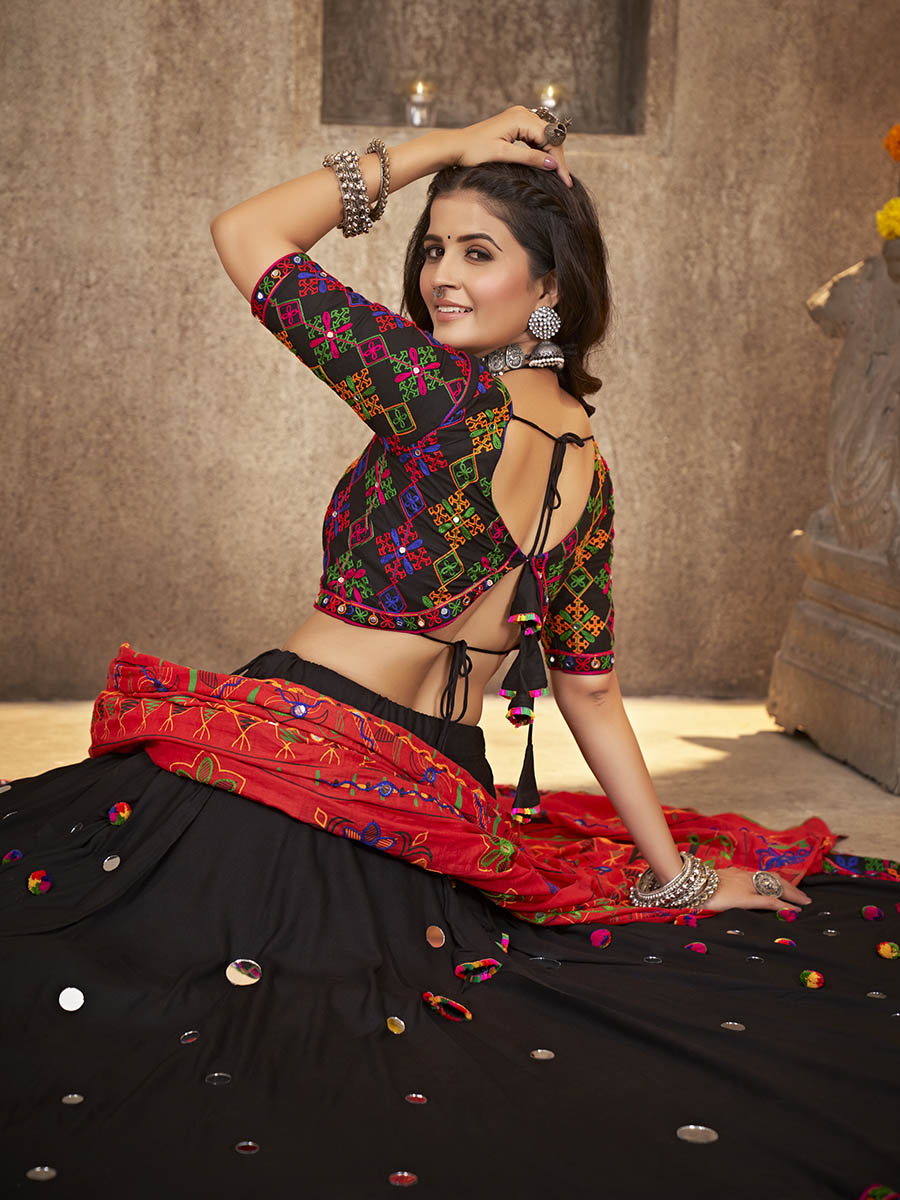 Myra Black Viscose Rayon and Cotton Embroidered with Print Designer Lehenga | Grocsy