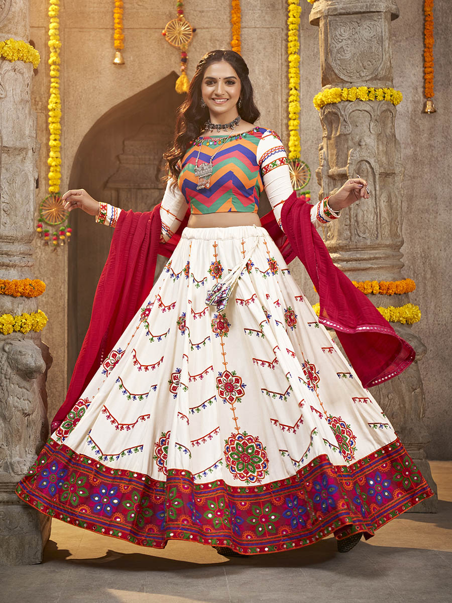 Myra Pearl White Viscose Rayon and Cotton Embroidered with Print Designer Lehenga | Grocsy