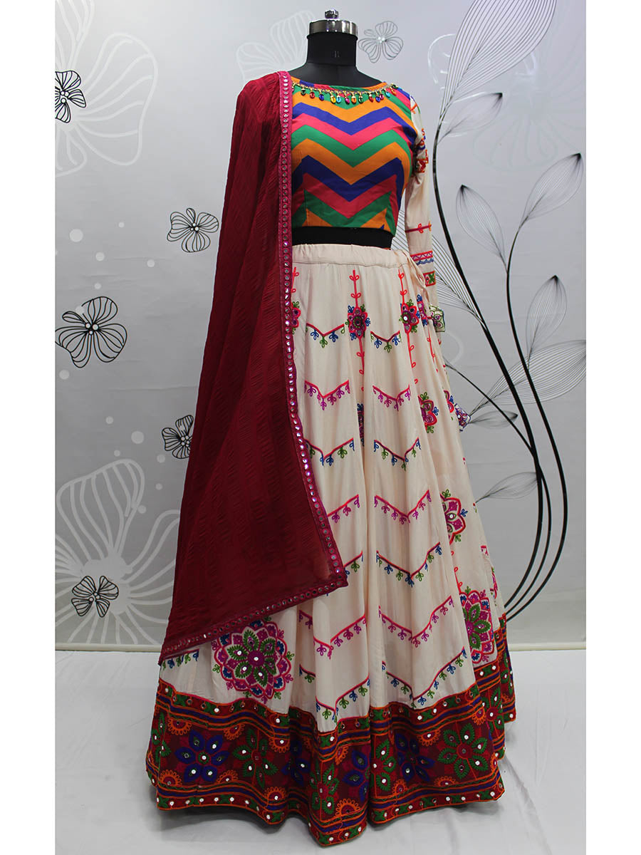 Myra Pearl White Viscose Rayon and Cotton Embroidered with Print Designer Lehenga | Grocsy