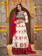 Myra Pearl White Viscose Rayon and Cotton Embroidered with Print Designer Lehenga | Grocsy