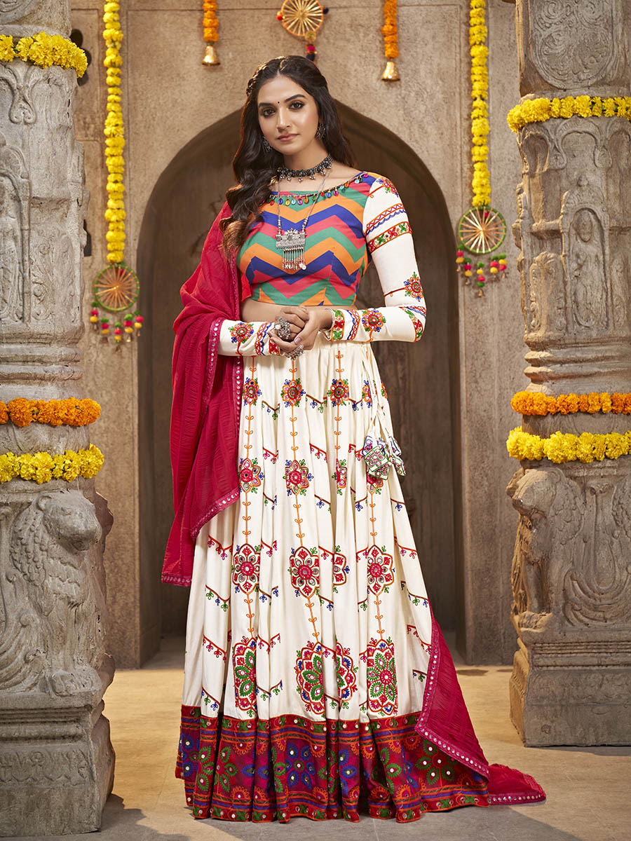 Myra Pearl White Viscose Rayon and Cotton Embroidered with Print Designer Lehenga | Grocsy