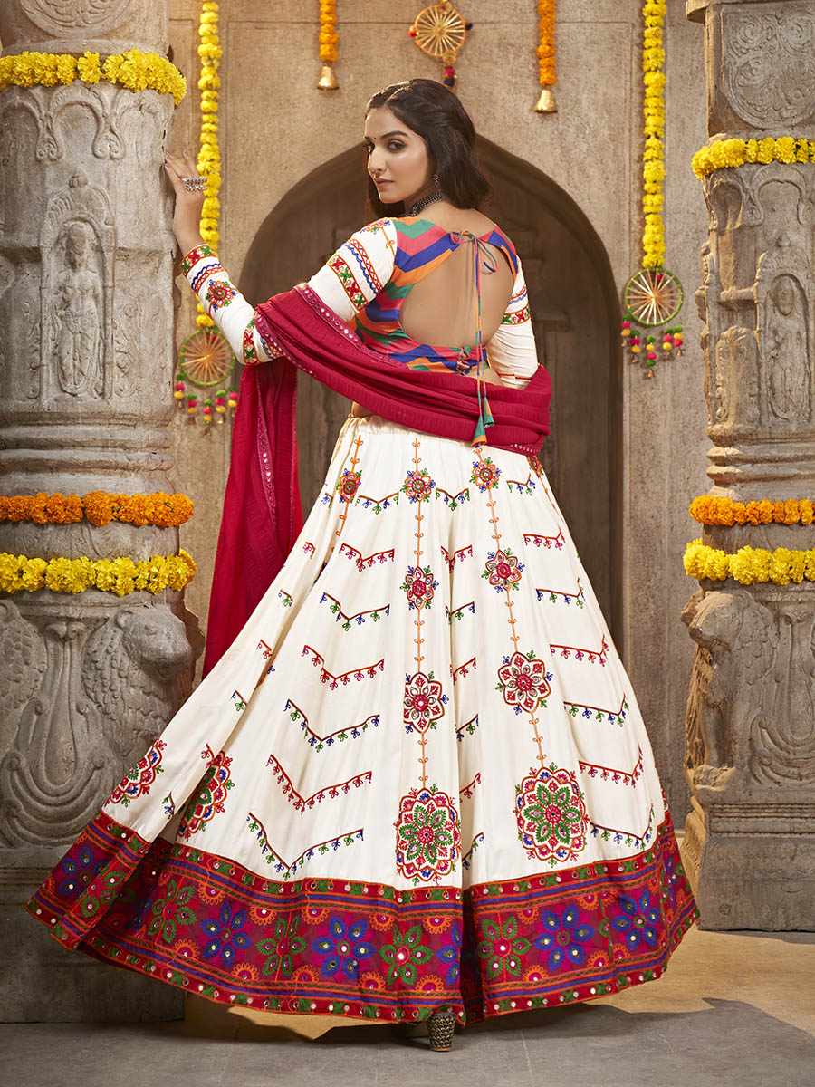Myra Pearl White Viscose Rayon and Cotton Embroidered with Print Designer Lehenga | Grocsy