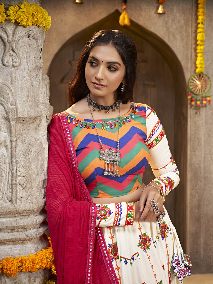 Myra Pearl White Viscose Rayon and Cotton Embroidered with Print Designer Lehenga | Grocsy
