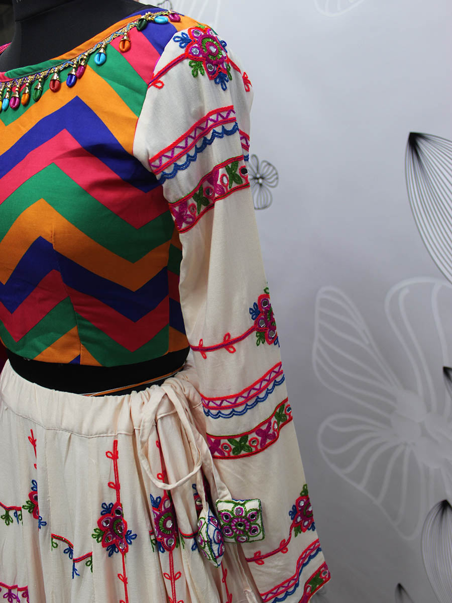 Myra Pearl White Viscose Rayon and Cotton Embroidered with Print Designer Lehenga | Grocsy