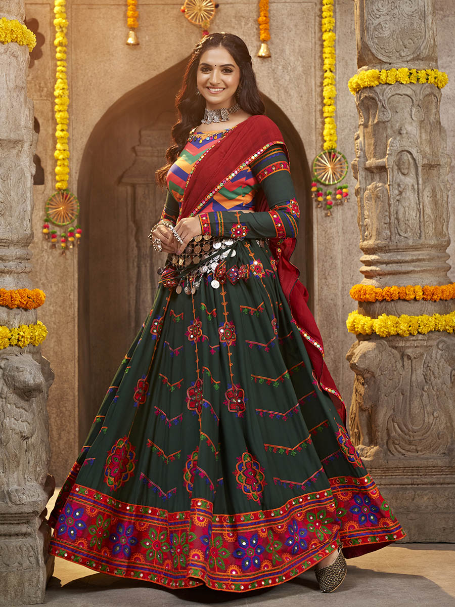 Myra Green Viscose Rayon and Cotton Embroidered with Print Designer Lehenga | Grocsy