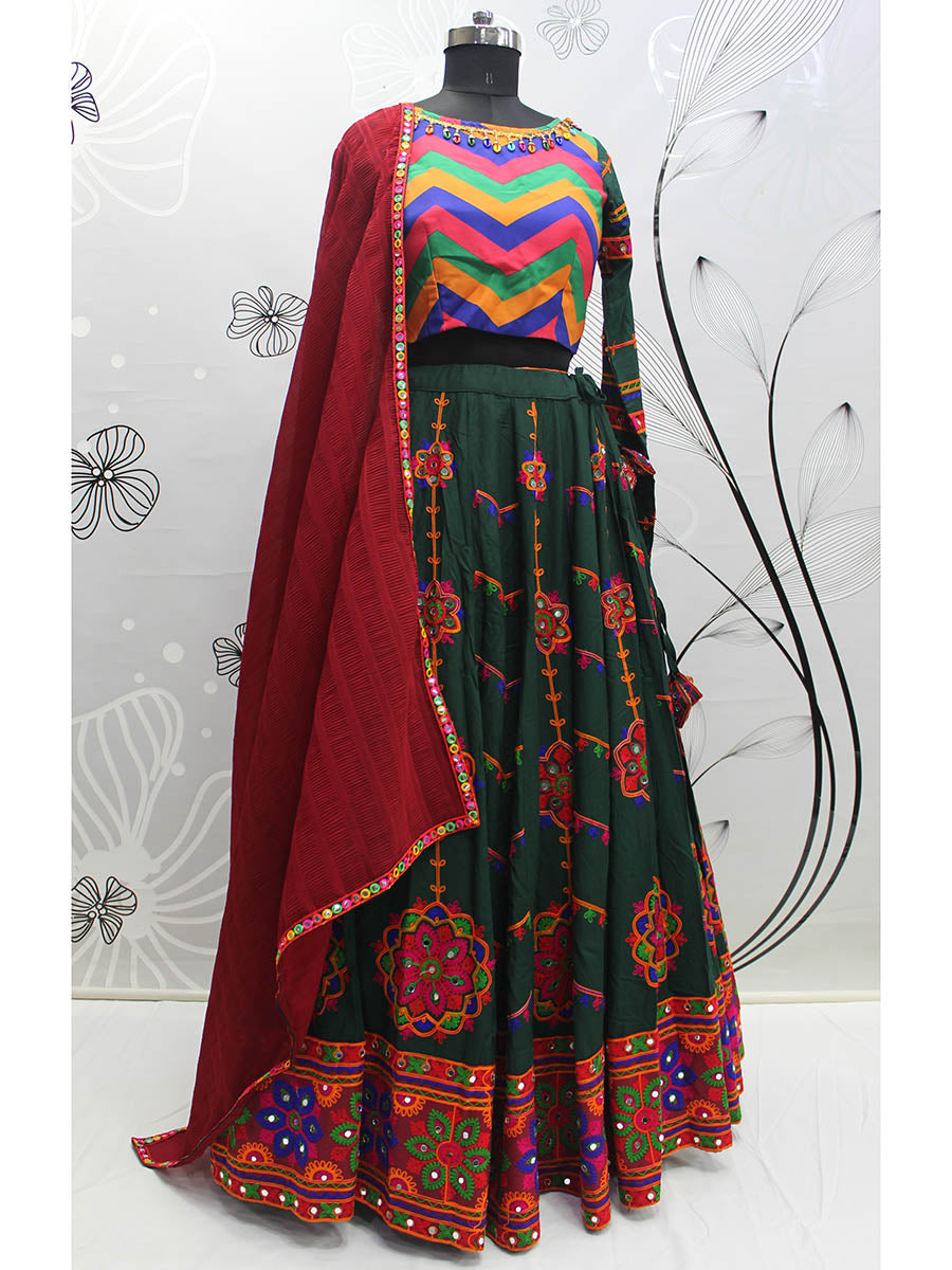 Myra Green Viscose Rayon and Cotton Embroidered with Print Designer Lehenga | Grocsy