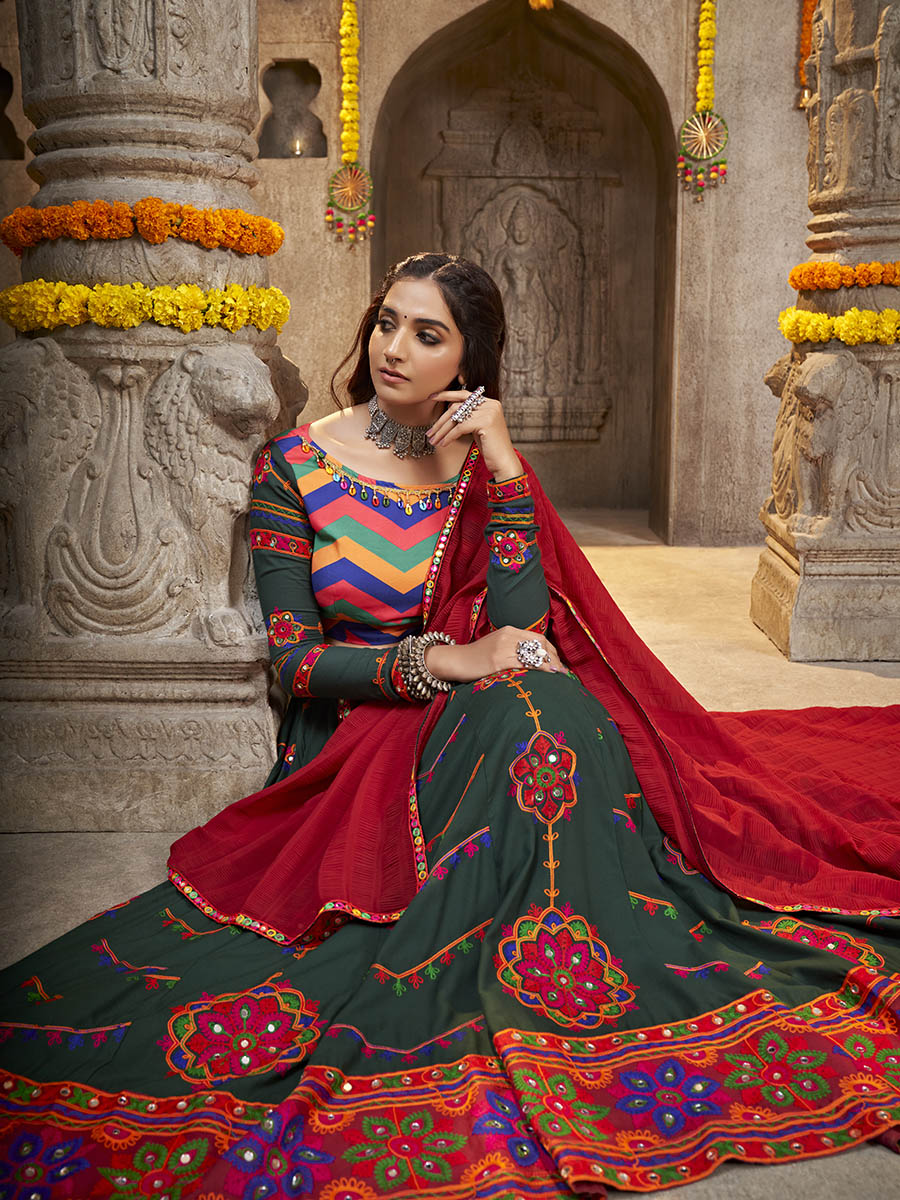 Myra Green Viscose Rayon and Cotton Embroidered with Print Designer Lehenga | Grocsy