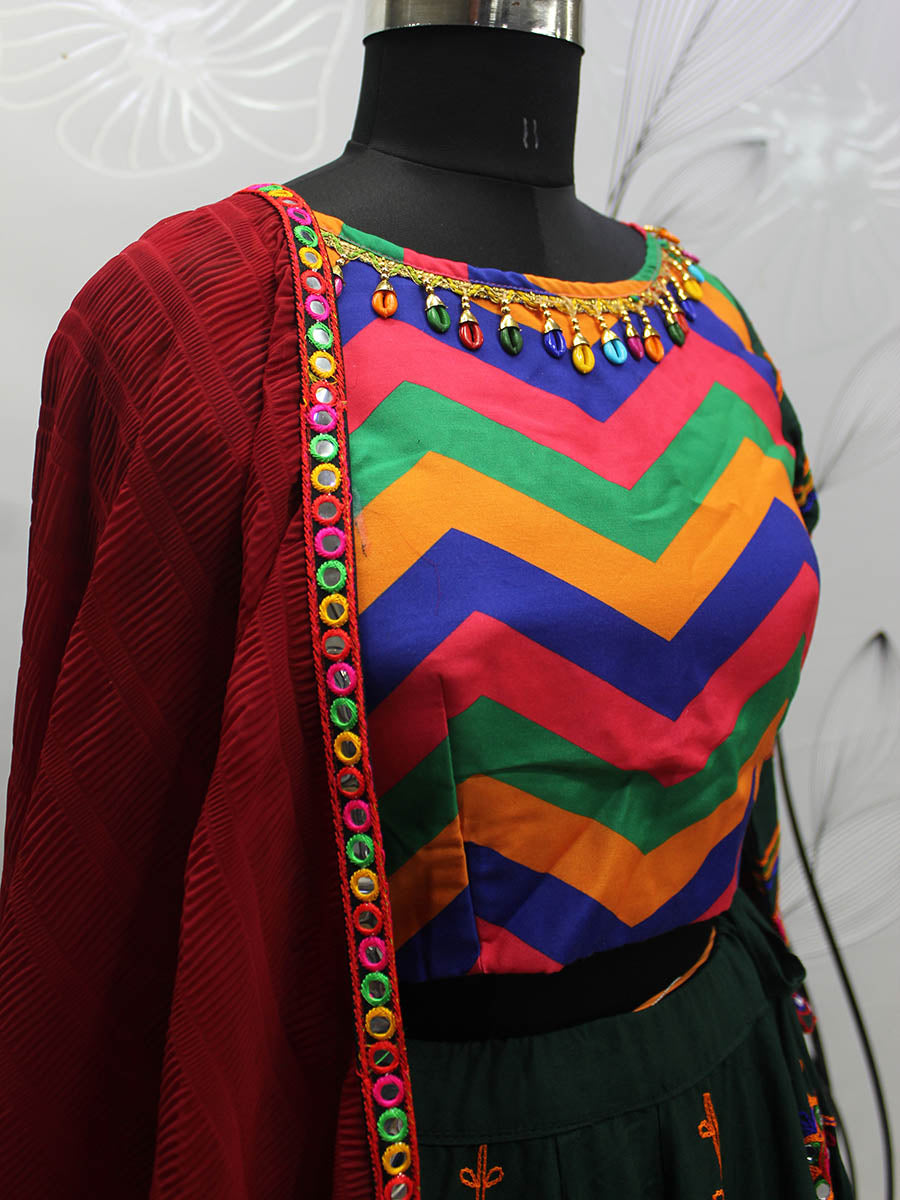 Myra Green Viscose Rayon and Cotton Embroidered with Print Designer Lehenga | Grocsy
