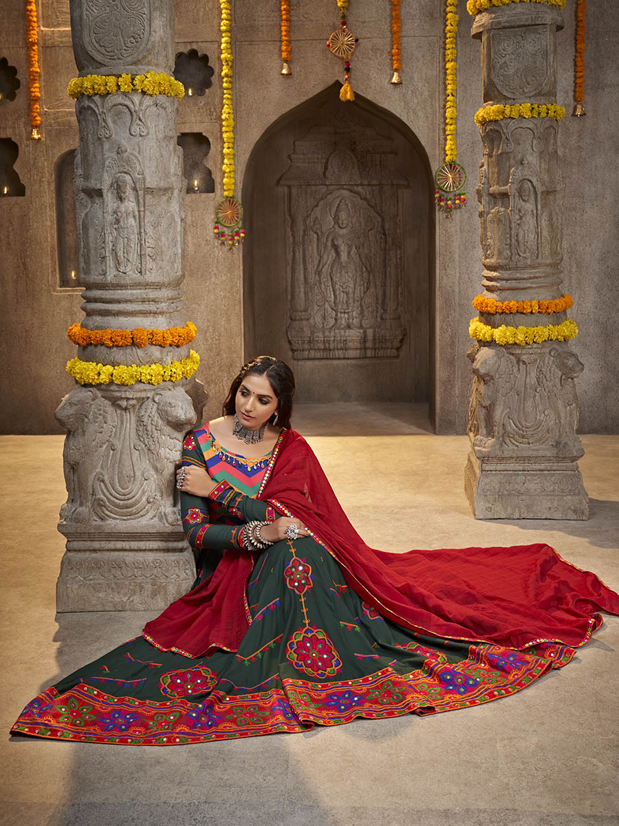 Myra Green Viscose Rayon and Cotton Embroidered with Print Designer Lehenga | Grocsy