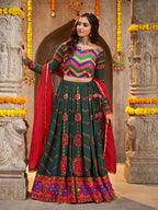 Myra Green Viscose Rayon and Cotton Embroidered with Print Designer Lehenga | Grocsy