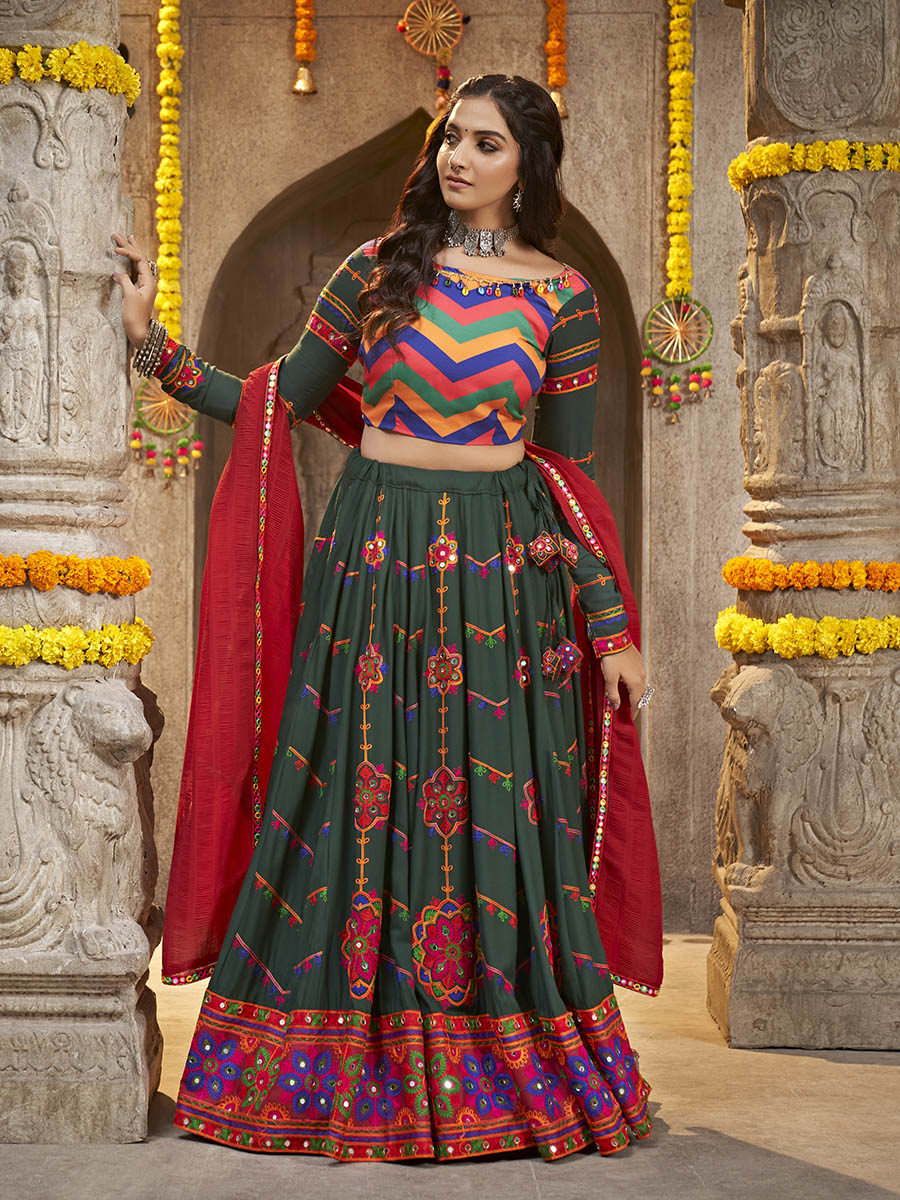 Myra Green Viscose Rayon and Cotton Embroidered with Print Designer Lehenga | Grocsy