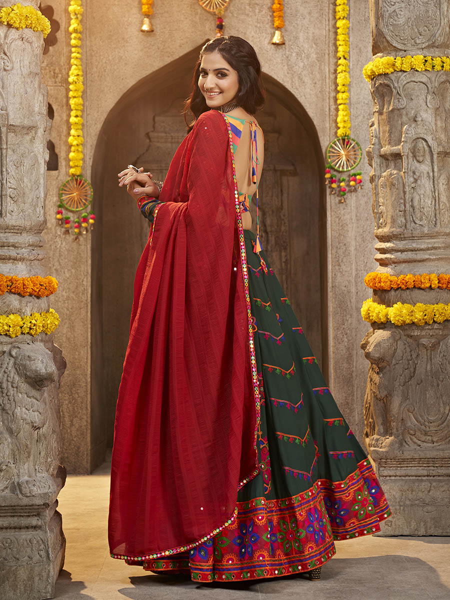 Myra Green Viscose Rayon and Cotton Embroidered with Print Designer Lehenga | Grocsy