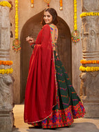 Myra Green Viscose Rayon and Cotton Embroidered with Print Designer Lehenga | Grocsy