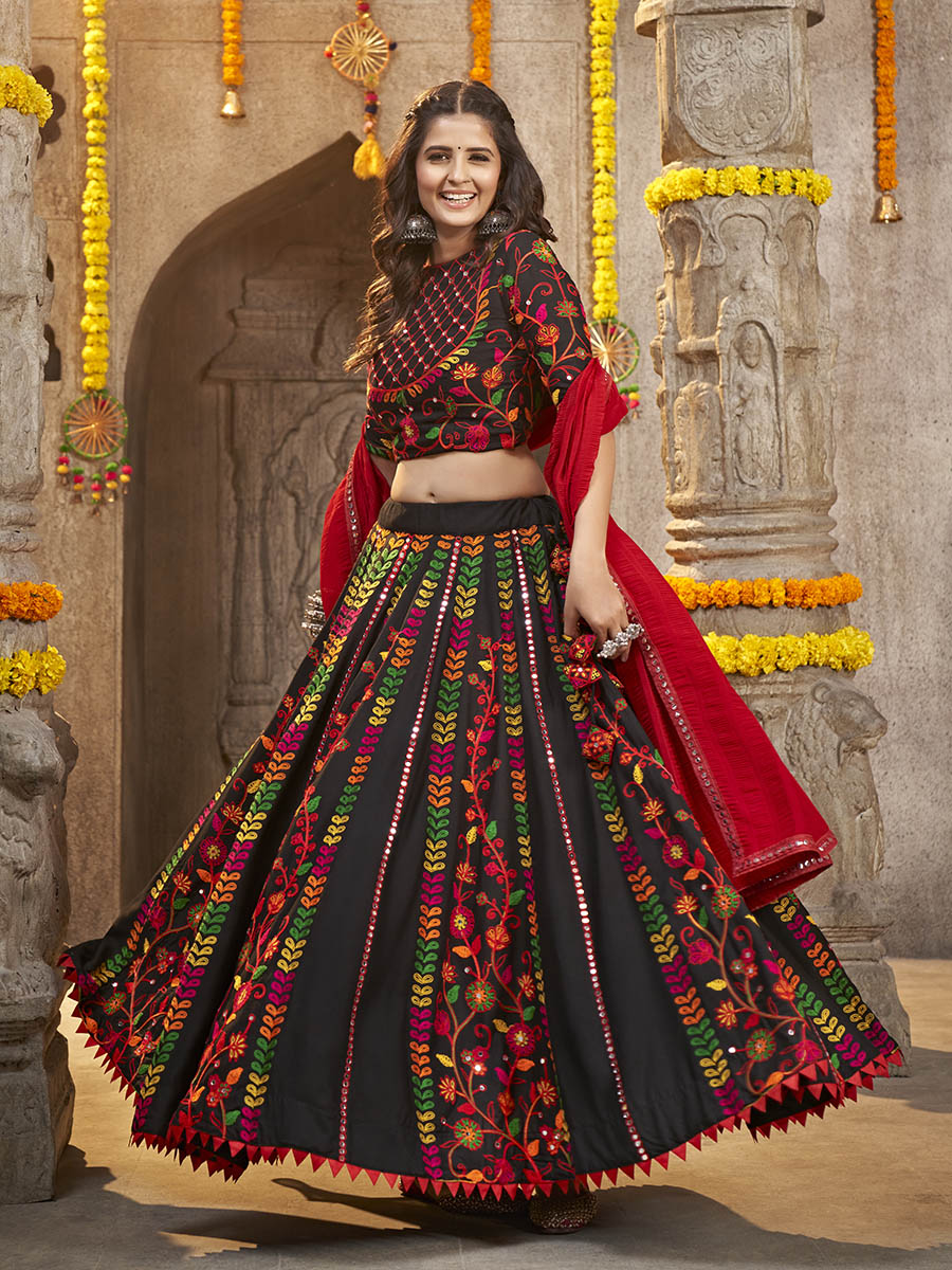Myra Black Viscose Rayon and Cotton Embroidered with Print Designer Lehenga | Grocsy